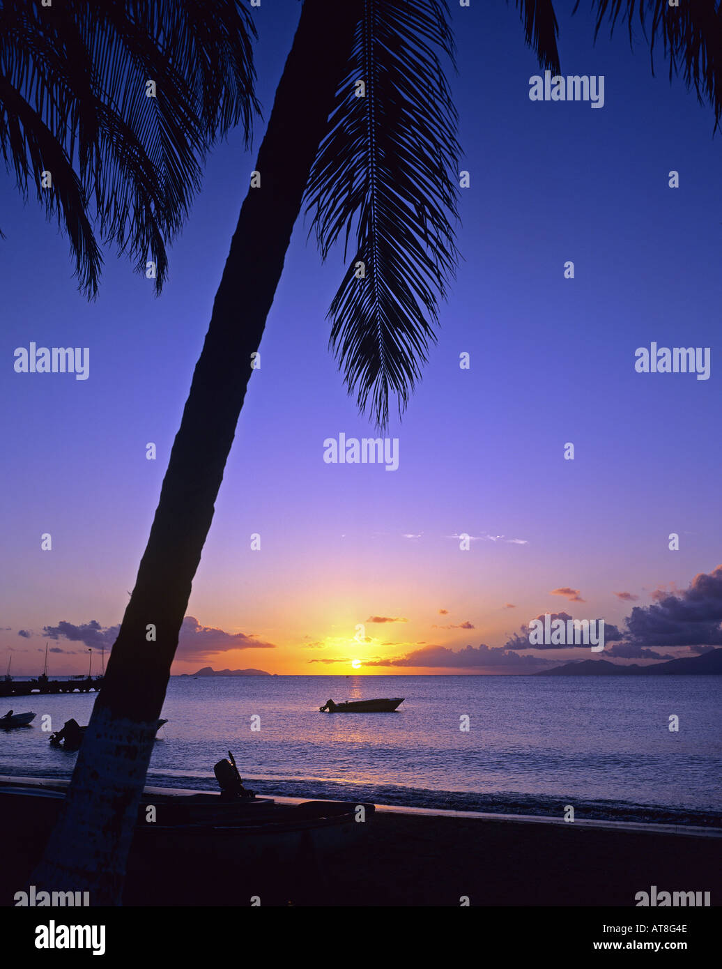 Strand mit Palme und Sonnenuntergang Karibik, Marie-Galante Insel Guadeloupe, Französisch-Westindien Stockfoto