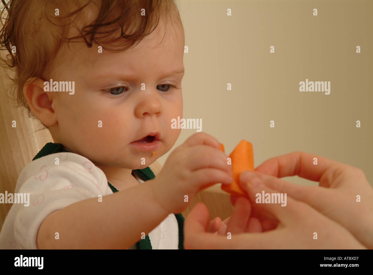Baby im Hochstuhl sitzen und essen rohen carot Stockfoto