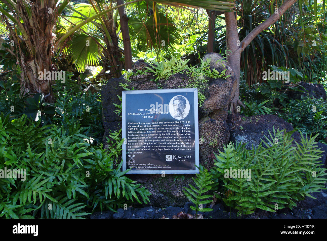 Zeigt den Standort des Geburtshauses von König Kamehameha III, Keauhou Bucht, Big Island zu unterzeichnen Stockfoto