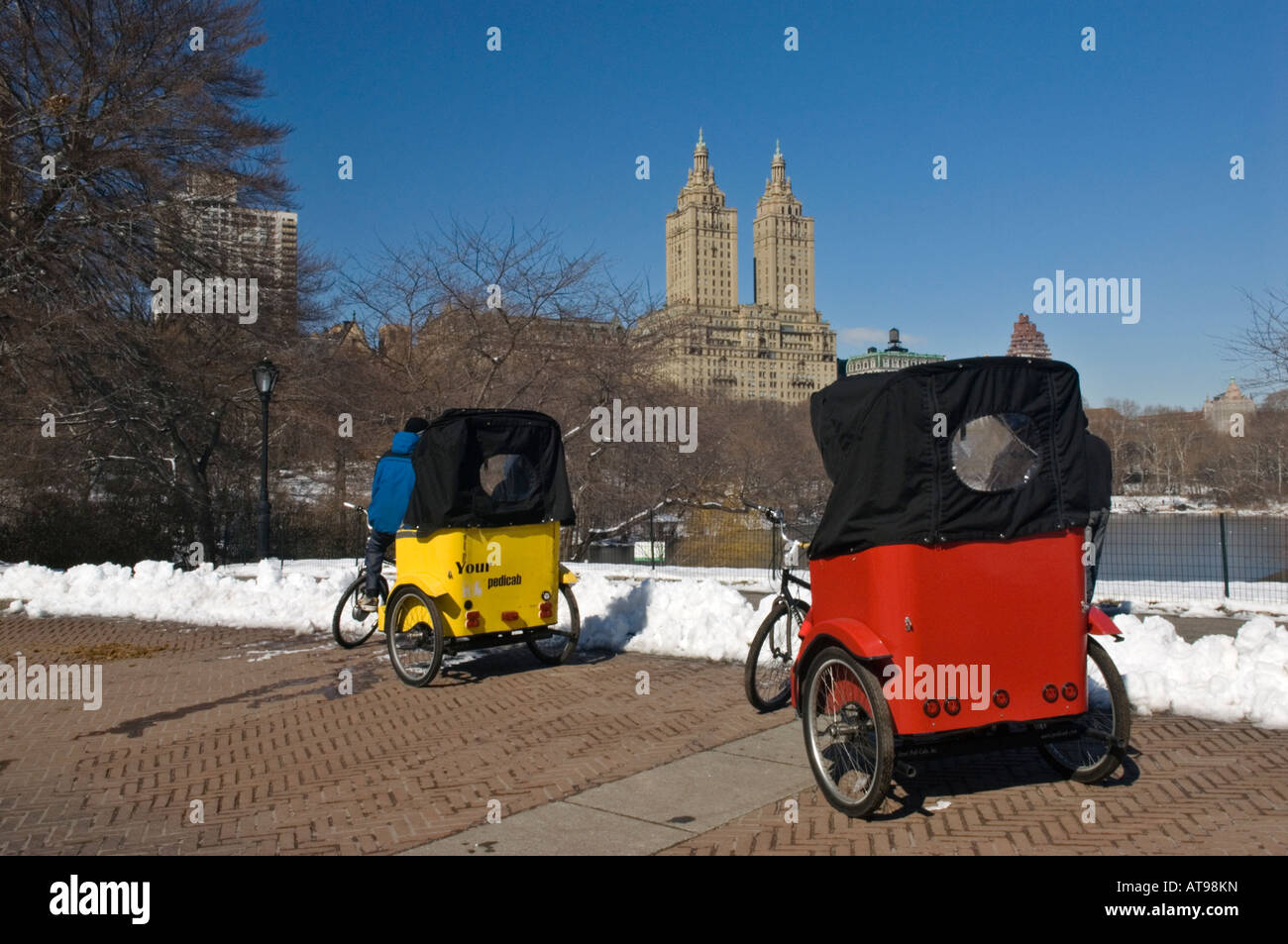 Bunte Pedicabs im Central Park mit dem San Remo im Hintergrund Stockfoto