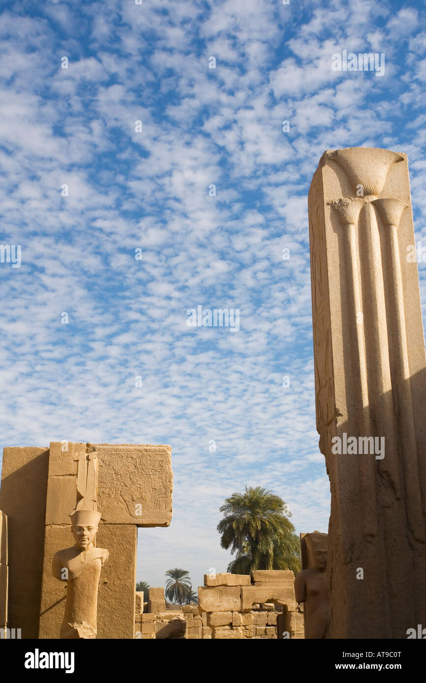 Granit-Säule mit Papyrus Dekoration und Statue in Tempel von Amun Re Karnak UNESCO World Heritage Site Theben Ägypten Afrika Stockfoto