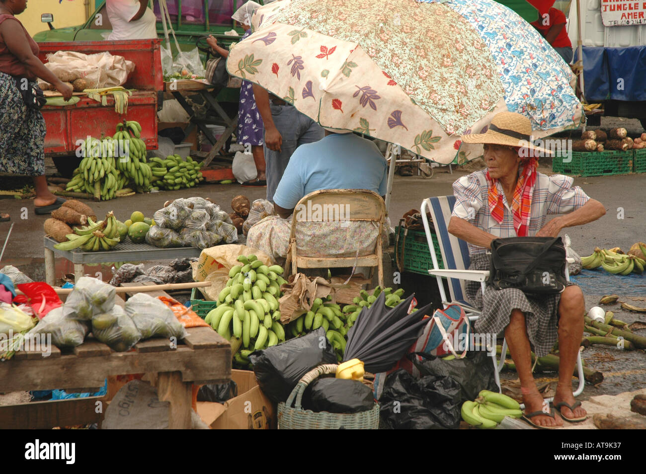 St Lucia Castries Open-Air produzieren Markt am Samstagmorgen Schirme über dem Regen Stockfoto