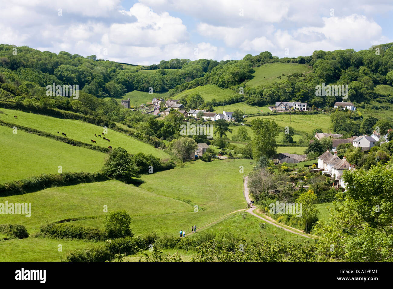 Das Dorf Branscombe, Devon UK - an der Spitze seines Tales, das zum Meer hinunter führt Stockfoto
