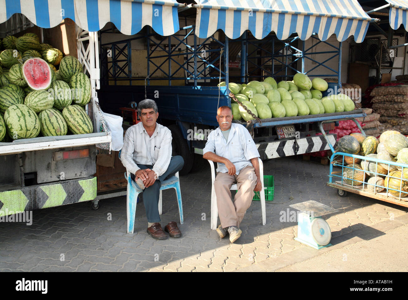 Melone Stall Tierpfleger, Obst und Gemüse-Markt, Abu Dhabi Stockfoto