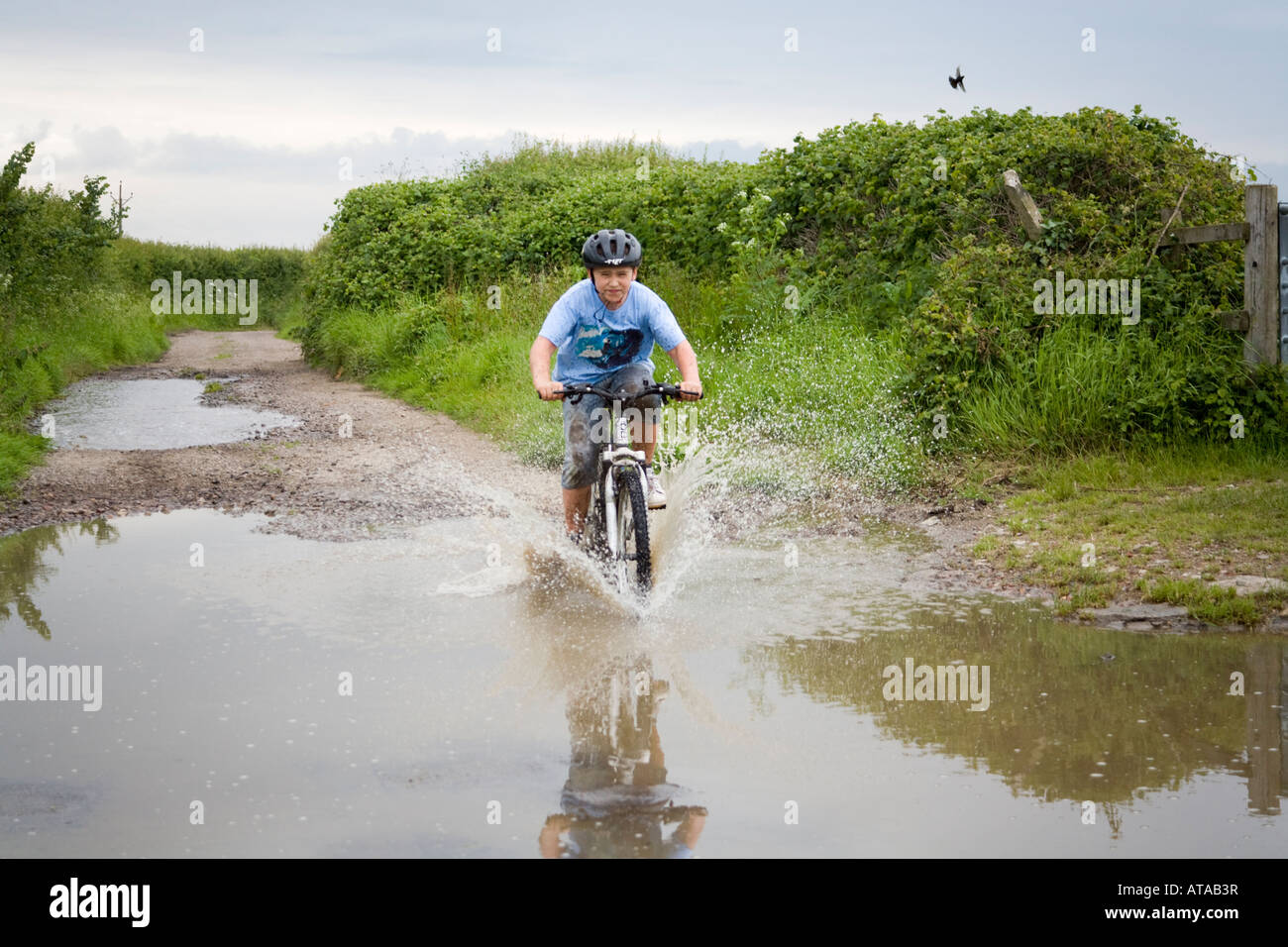 Ein zehnjähriger Junge mit Fahrradhelm, der mit seinem Mountainbike durch eine Pfütze auf einem Reitweg in Sandhurst, Gloucestershire, Großbritannien, fährt Stockfoto