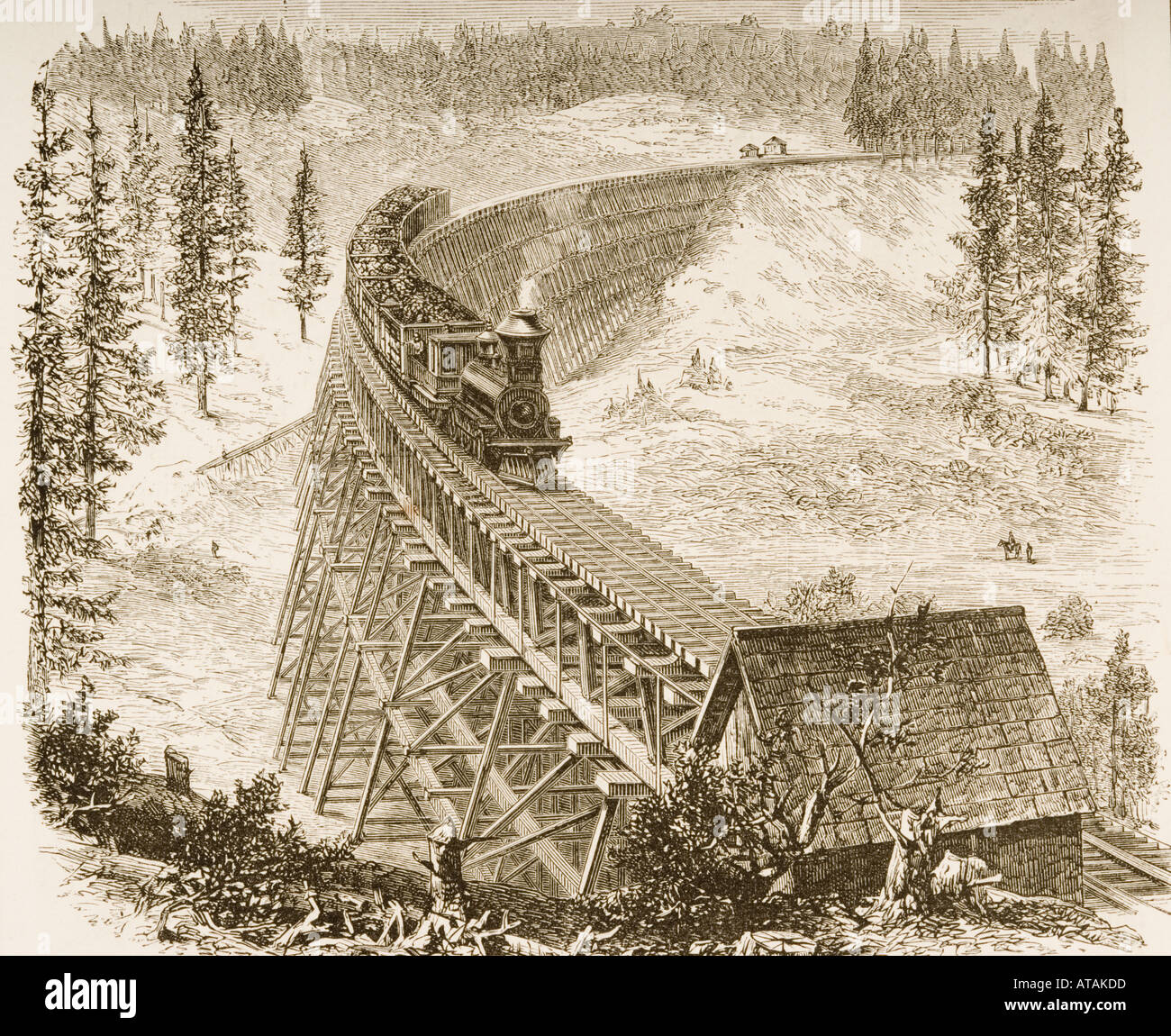 Gestellbrücke der Central Pacific Railroad in den 1870er Jahren. Stockfoto
