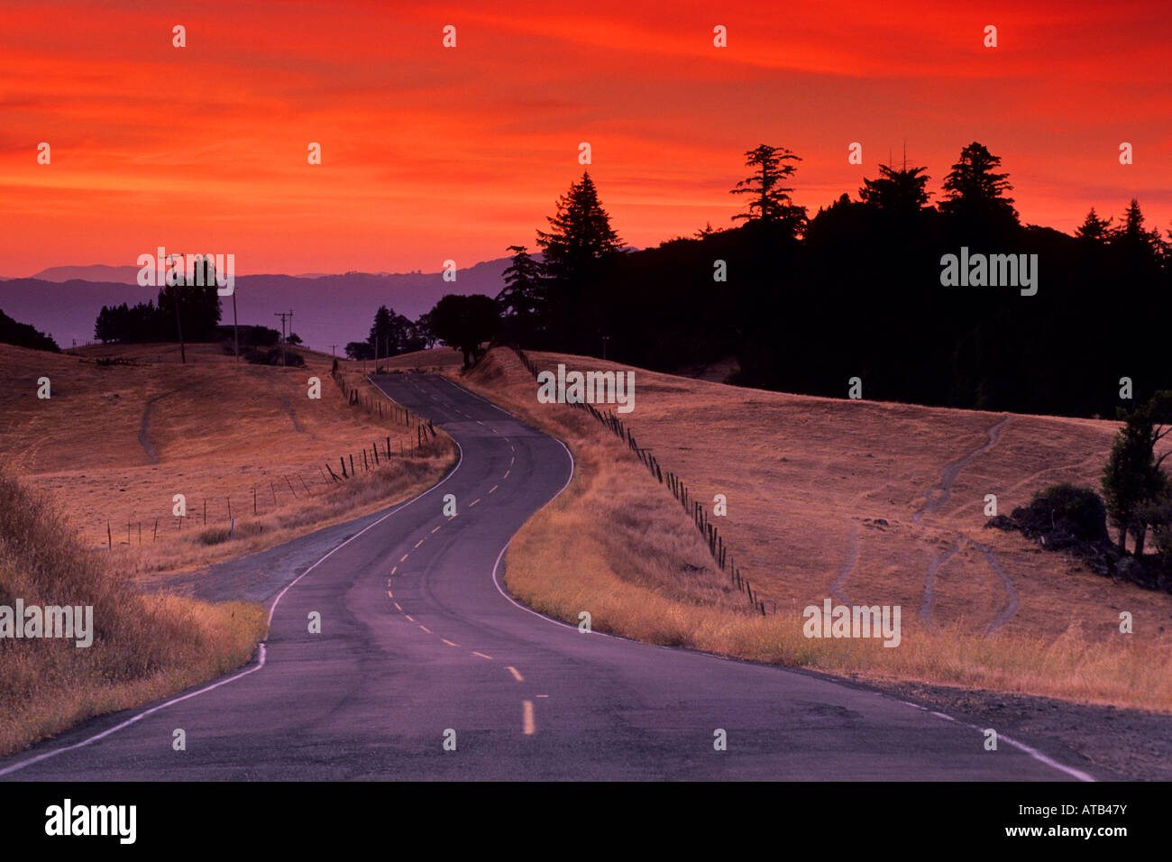 Verdrehen der Kurven von Orr Springs Road bei Sonnenaufgang in der Nähe von Ukiah Mendocino County, California Stockfoto