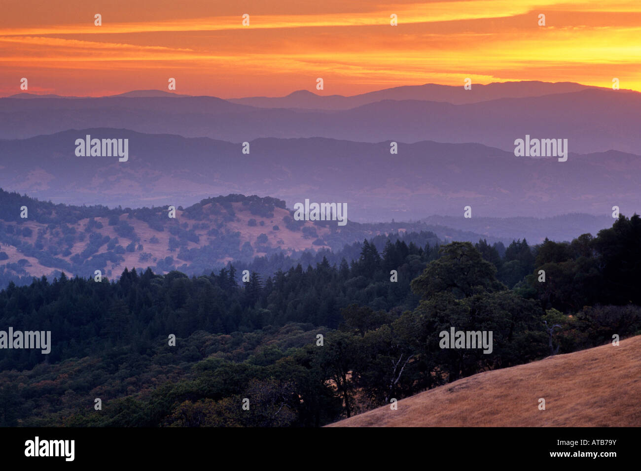 Sonnenaufgang in den Hügeln oberhalb von Ukiah von Orr Springs Road Mendocino County, California Stockfoto