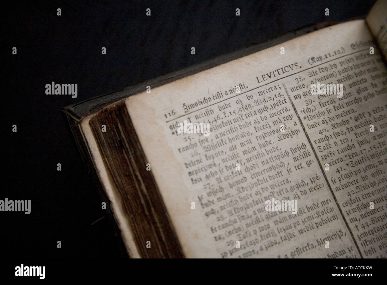 Späten achtzehnten Jahrhundert Tschechische Bibel antiker heiliger Text öffnen im Buch Levitikus Stockfoto