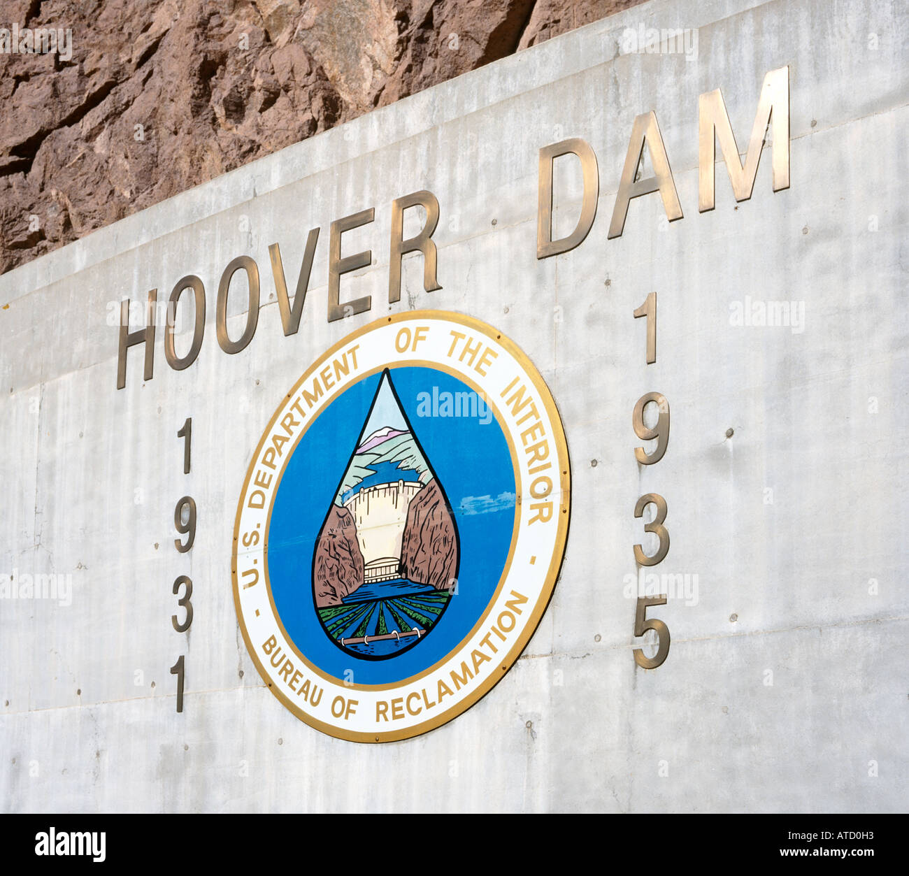 Anmeldung zum Gedenken an den Bau der Hoover Dam, Staatsgrenze von Nevada und Arizona, USA Stockfoto