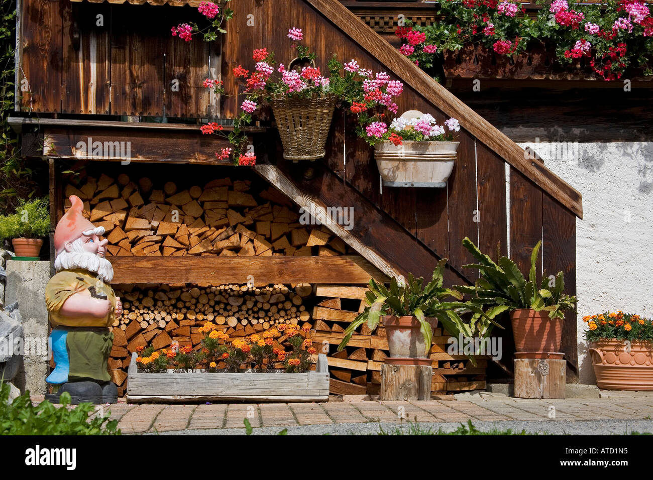 Gartenzwerg steht durch Treppe bergende geschnittene Brennholz unter ...