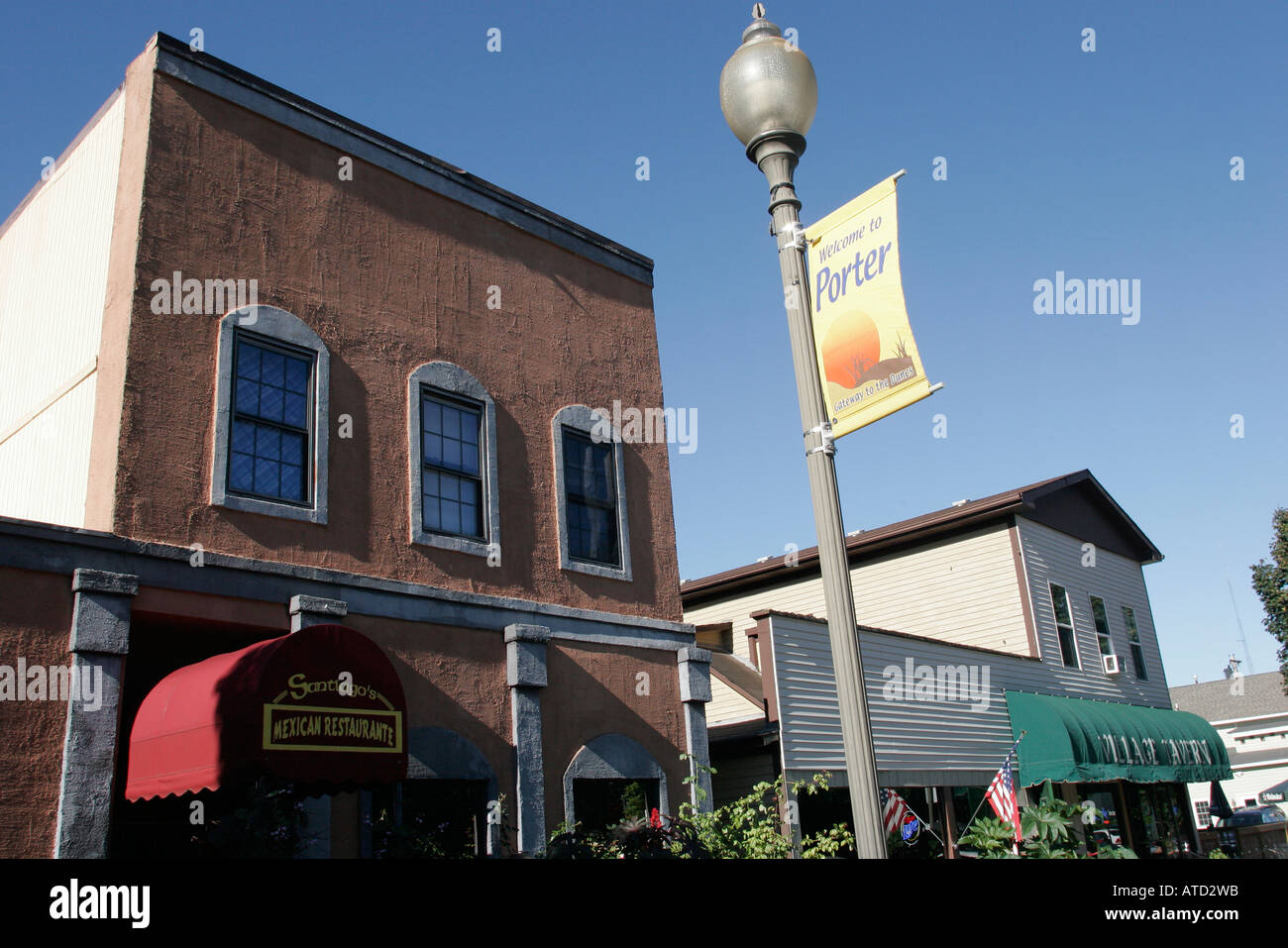 Indiana Porter, Lincoln Street, Santiago's Mexican Restaurante, Laternenpfosten, Banner, IN061006083 Stockfoto