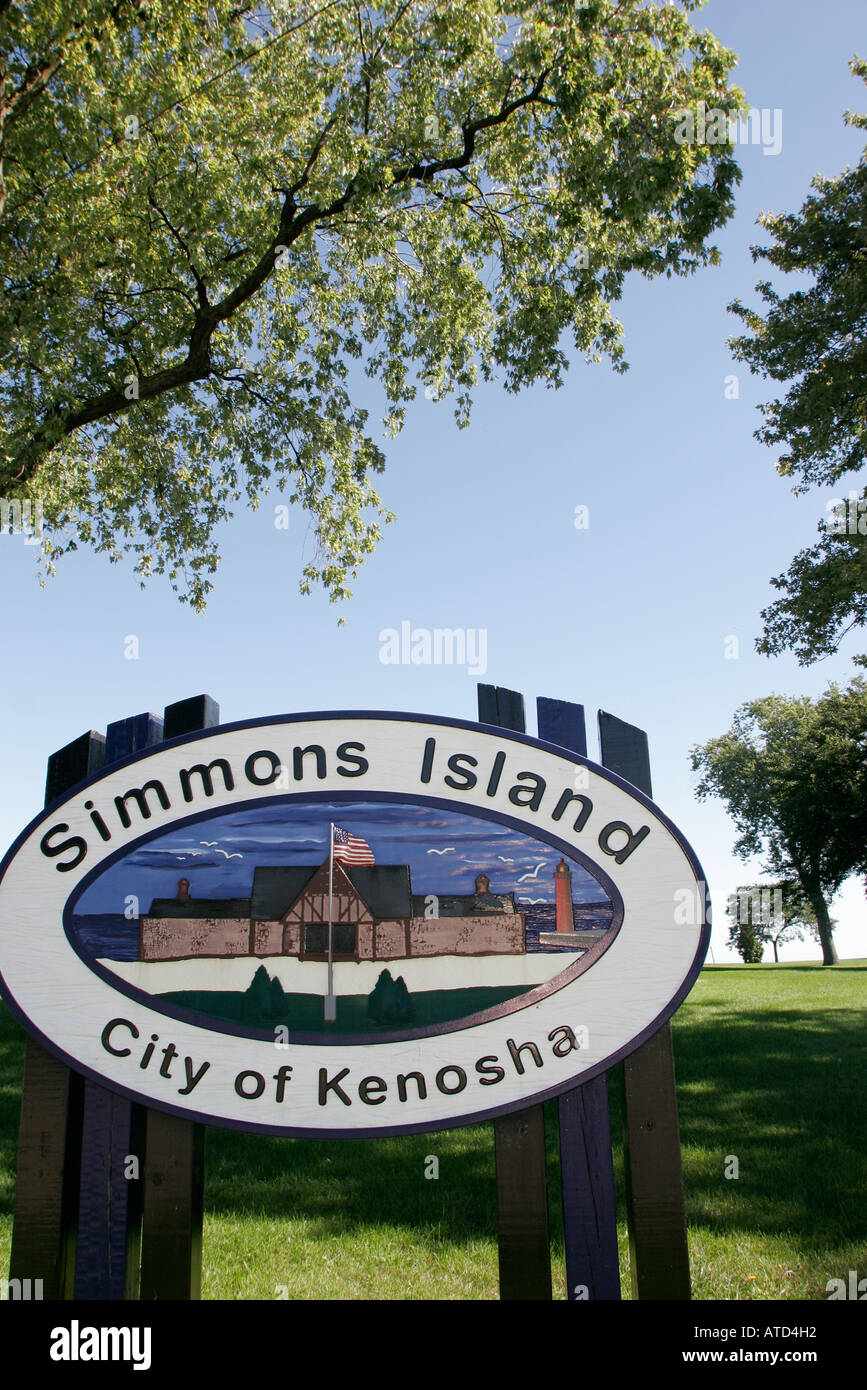 Wisconsin Kenosha County, Kenosha, Simmons Island Park, Schild, Lake Michigan, Bäume, WI061001037 Stockfoto