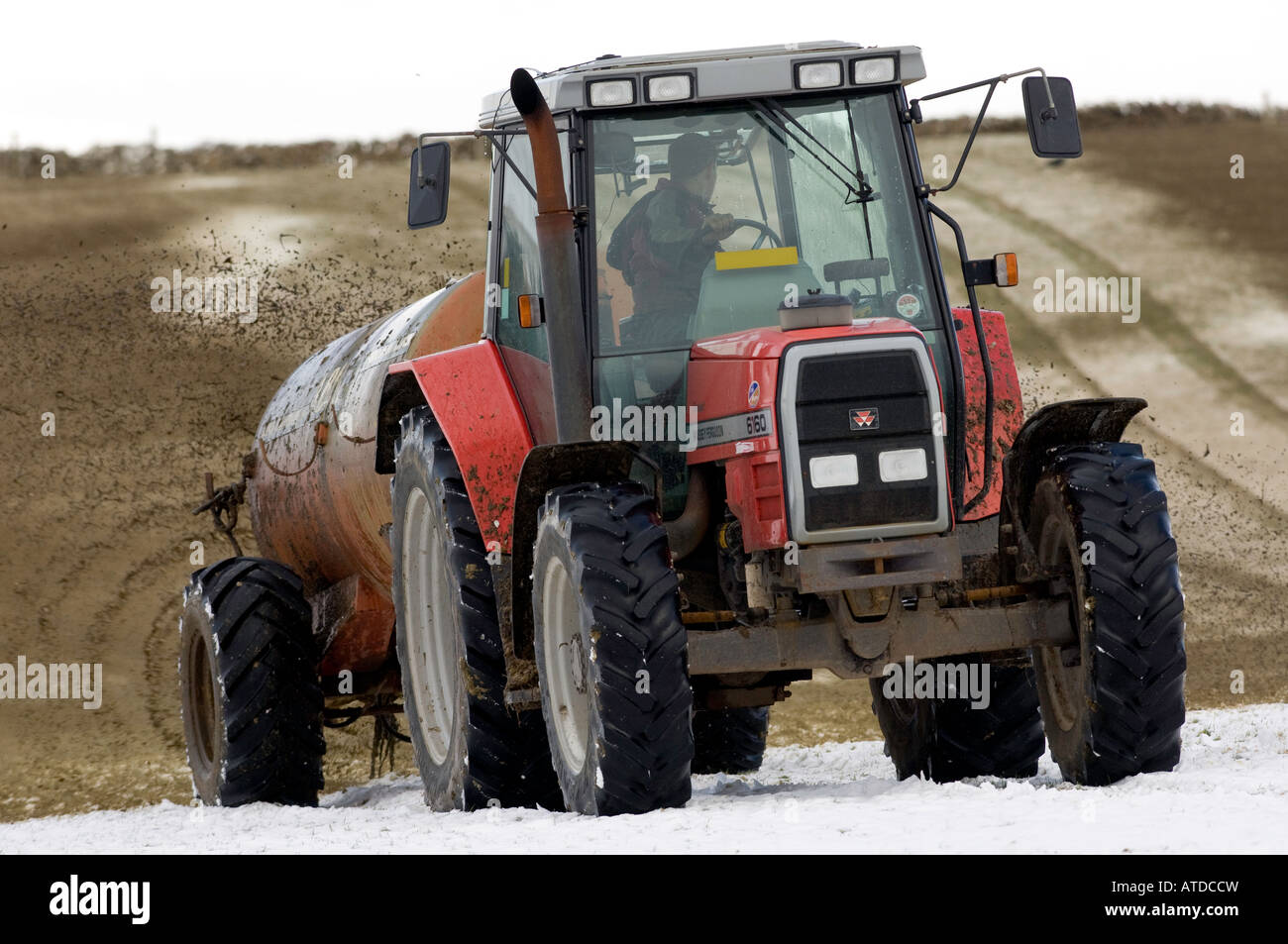 Gülle, die auf einem schneebedeckten Feld mit Massey Ferguson 6160 Traktor Ravenstonedale Cumbria verteilt Stockfoto