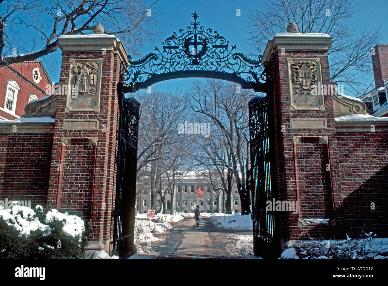 Boston MA, USA, Harvard University Campus Eingang Winter Doorway Detail Hochschulbildung 'Ivy League School' Schnee, Schulen aus der ganzen Welt Stockfoto