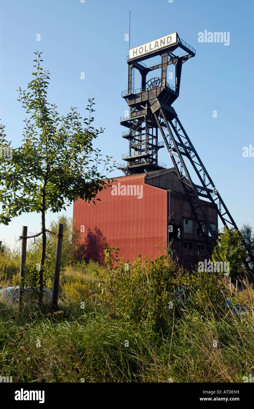Hebezeug-Rahmen in der ehemaligen mine Holland, Bochum Wattenscheid, Nord Rhein Westfalen, Deutschland Stockfoto
