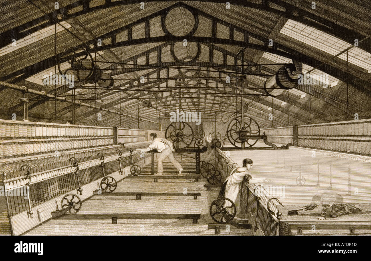 Baumwolle Fabrik 1830 zeigt Arbeiter Maultier spinning. Von T Allom gezeichnet. Von J Tingle eingraviert. Stockfoto