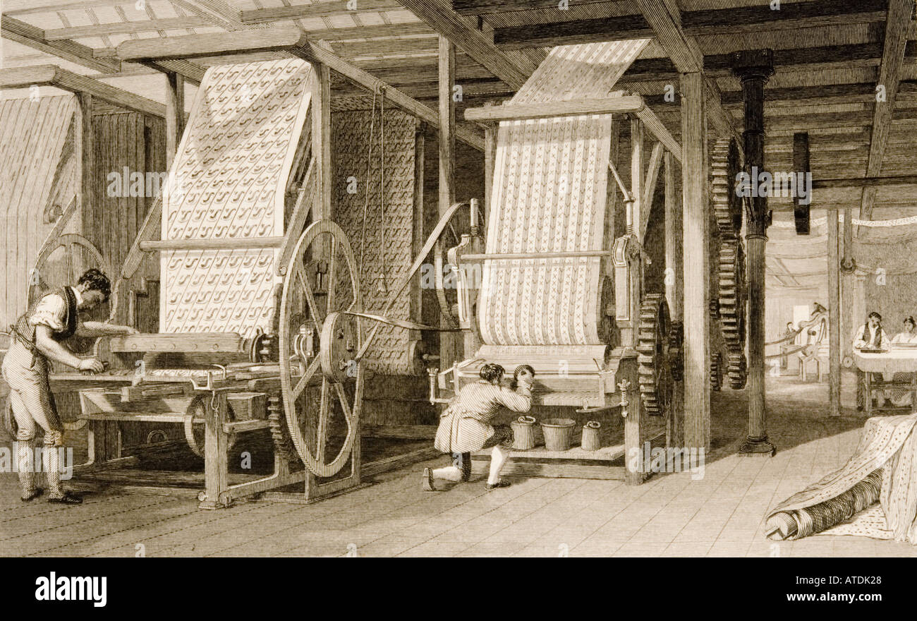 Calico drucken in Cotton Mill in 1830, Stockfoto