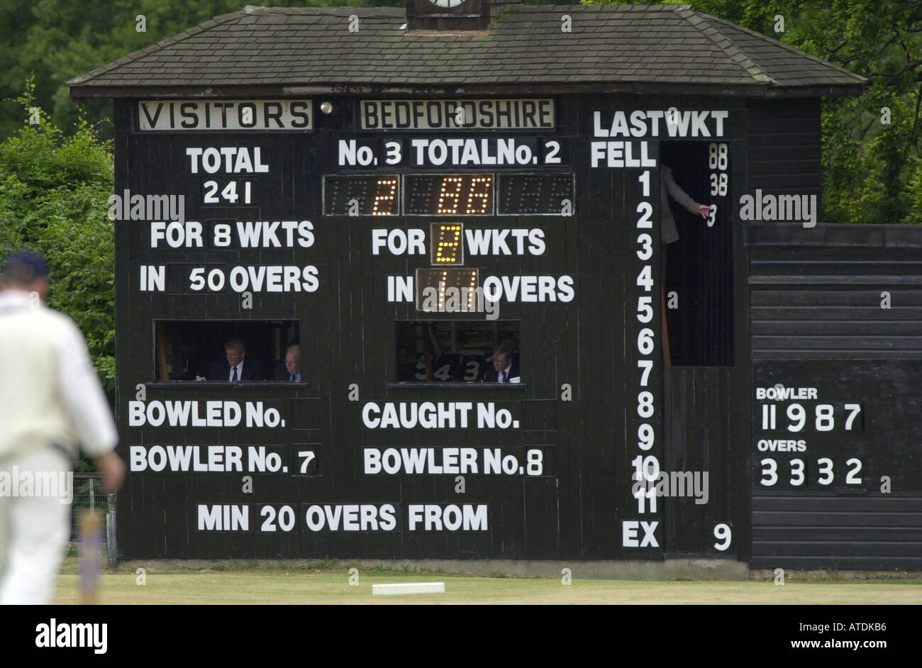 Punkten Sie Board im lokalen Cricket Ground UK. Bild von Ian Miles 07870 597313 Stockfoto