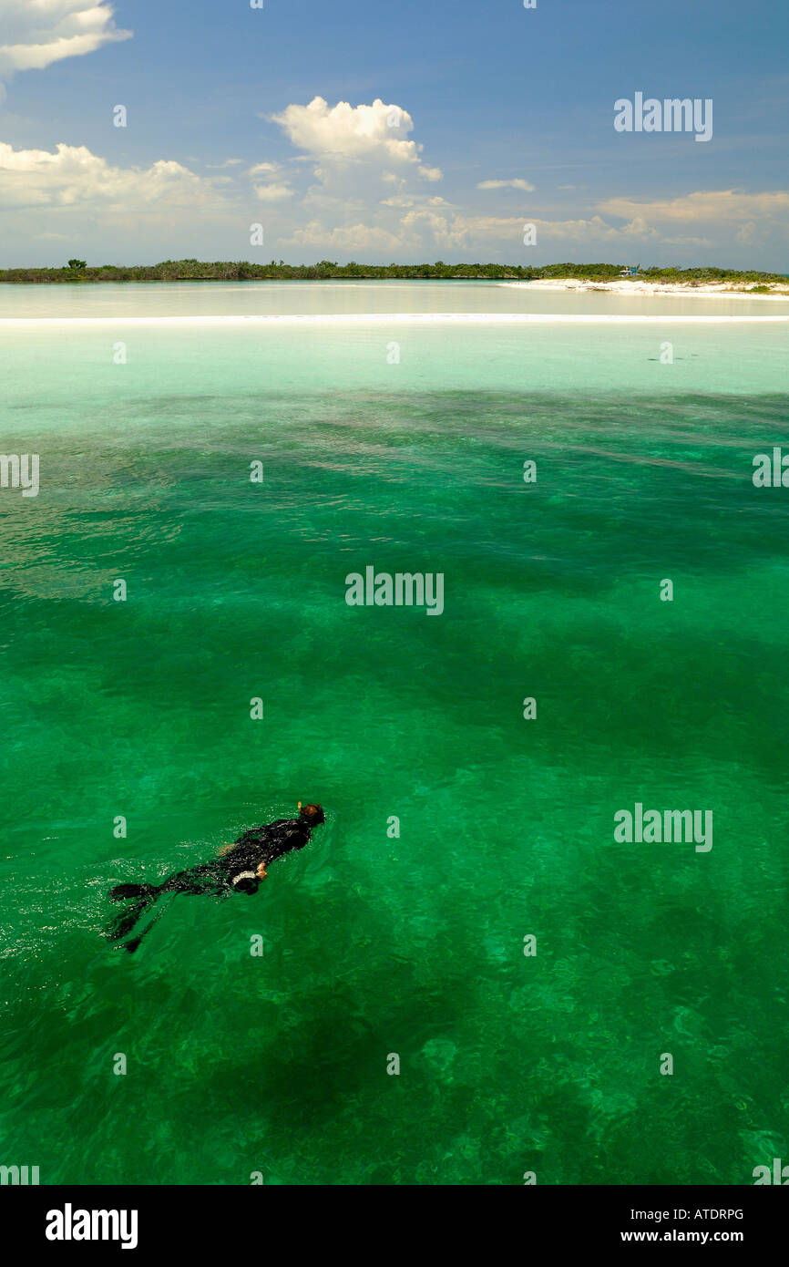 Schnorcheln auf Double Breasted Cay zerlumpte Insel Kette Bahamas Atlantik Stockfoto