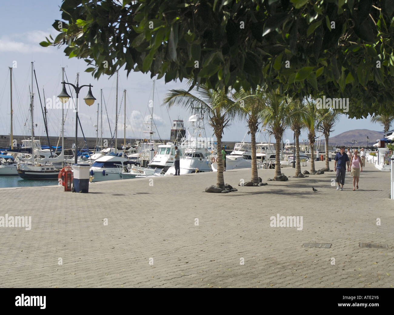 Touristen-Spaziergang entlang der Baum gesäumt Kai am Puerto Calero Marina auf Lanzarote Stockfoto