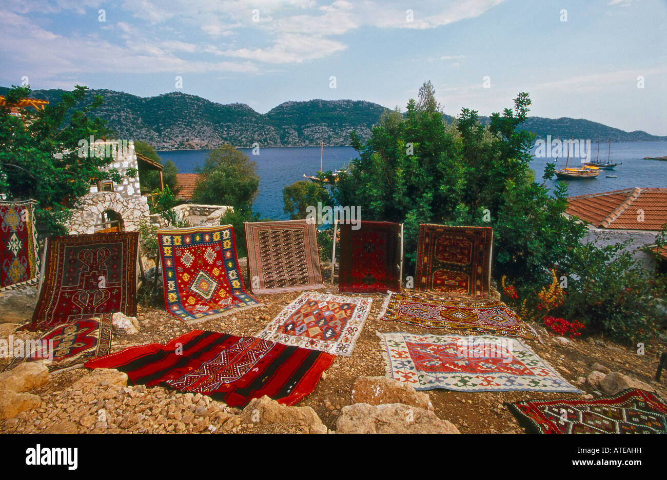Teppiche zum Verkauf Kekova Antalya türkische Riviera Stockfoto