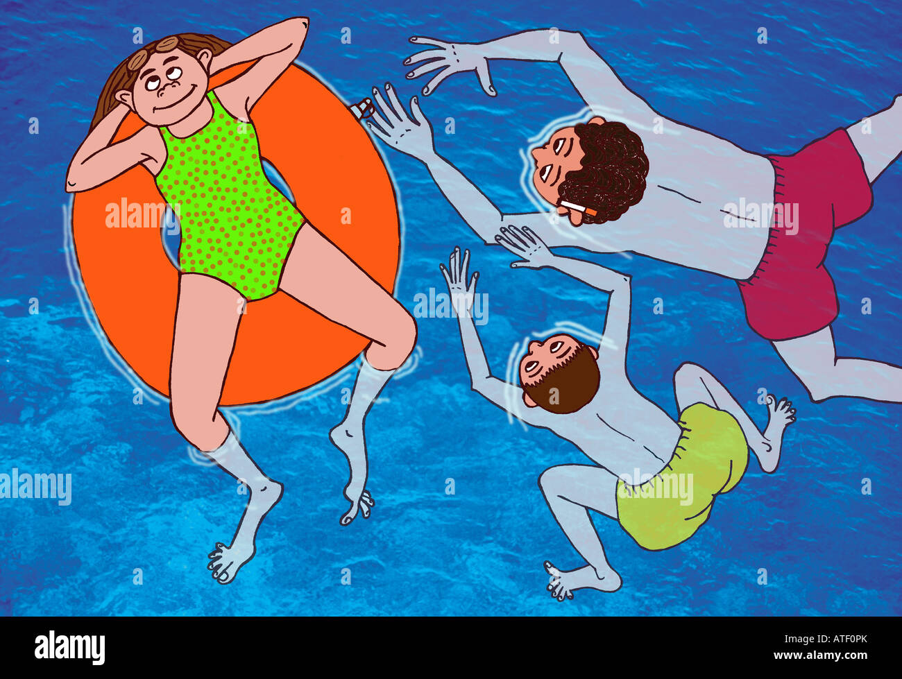 Abbildung: drei Leute im Schwimmbad. Stockfoto