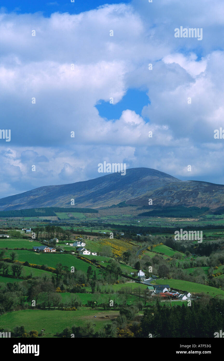 Bauernhöfe unter Blackstairs Mountains, Irland Stockfoto