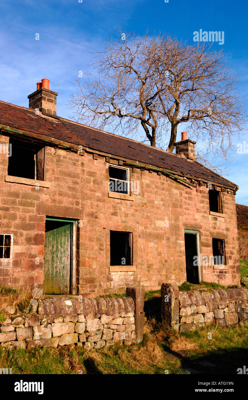 Zwei halb verfallenen Familienhaus Stein Cottages.Located auf der Heide Staffordshire In England. Stockfoto