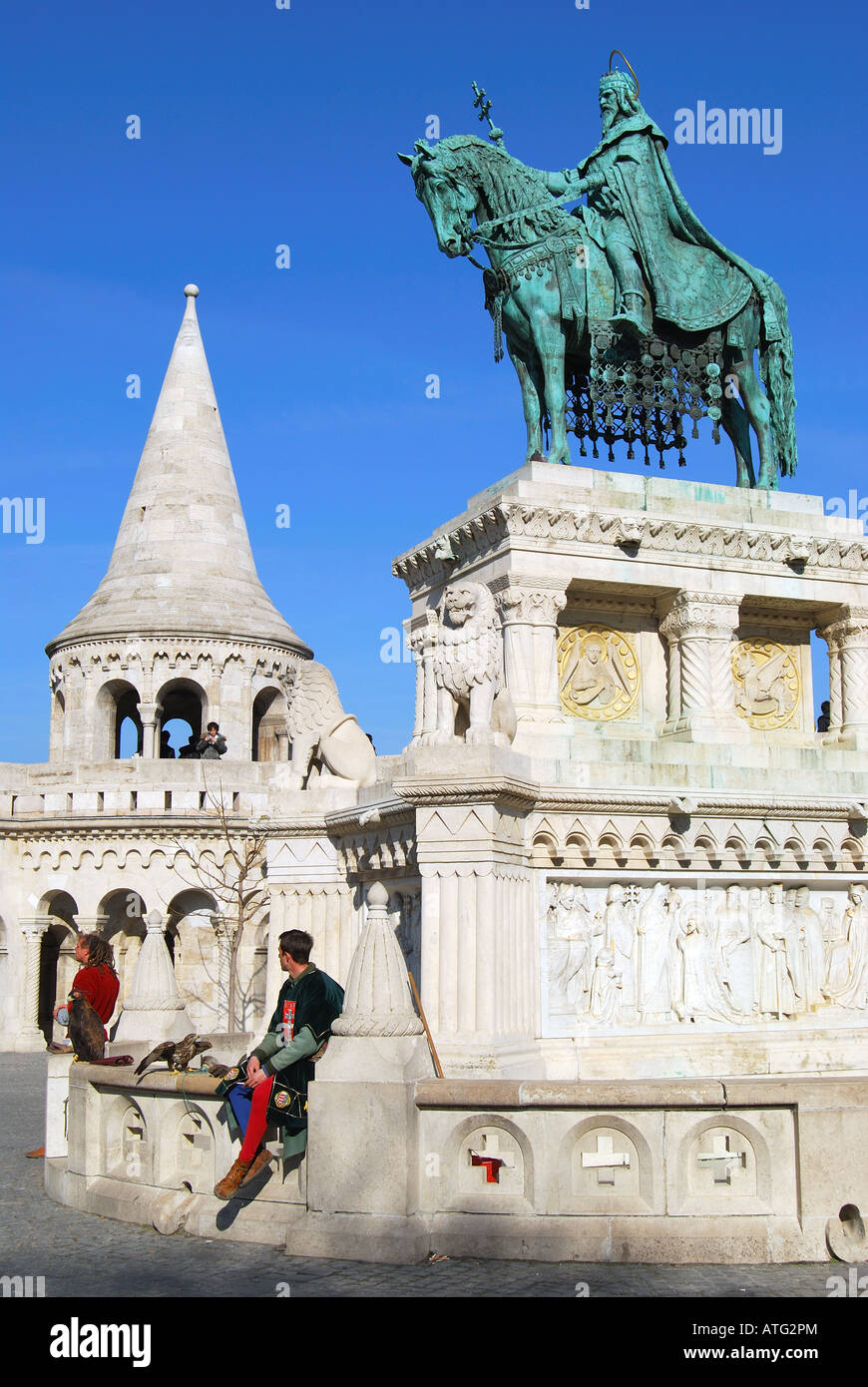Die St.Stephen Statue und Wälle, Fischerbastei, das Burgviertel, Buda, Budapest, Ungarn Stockfoto