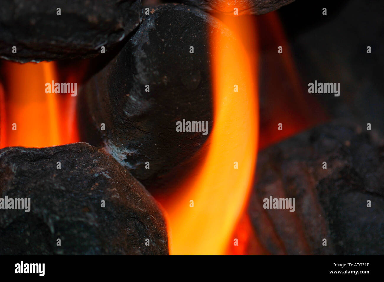 Nahaufnahme von Gasflammen Feuer & künstliche Kohle. Stockfoto