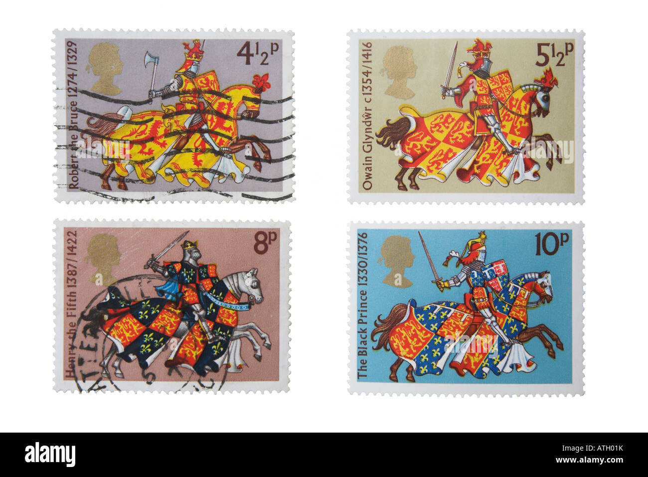 Set von vier britischen Briefmarken aus den 1970er Jahren abbildenden Ritter aus der britischen Geschichte Stockfoto