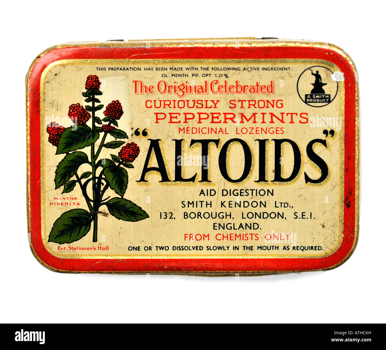 Alte Vintage Blechdose von Altoids Smith Kendon neugierig starke Pfefferminz medizinische Lutschtabletten für nur zur redaktionellen Verwendung Stockfoto