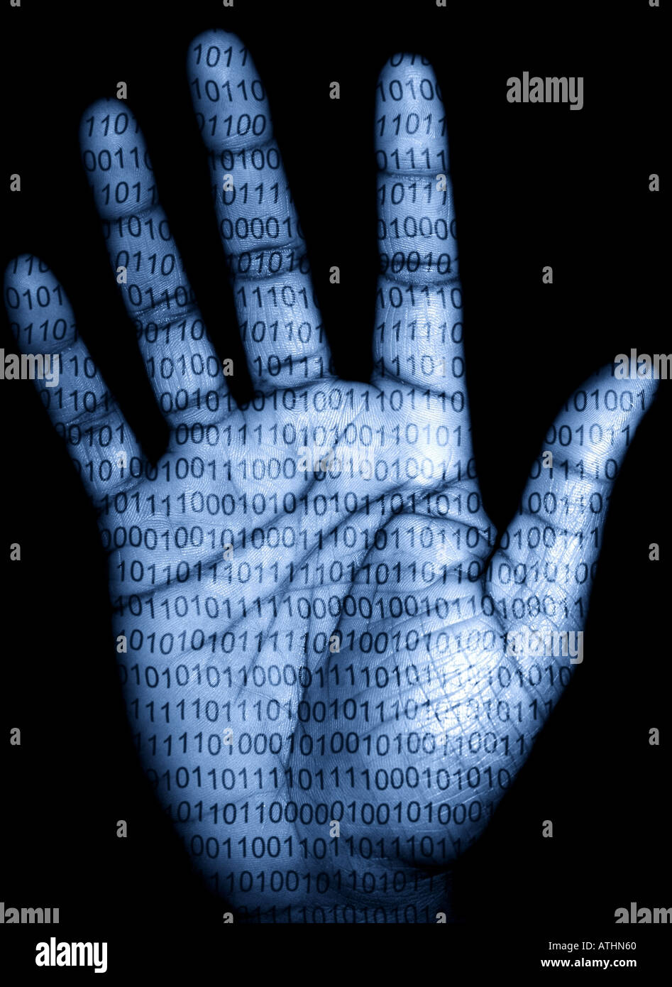 Binär-Code auf Handfläche Stockfoto