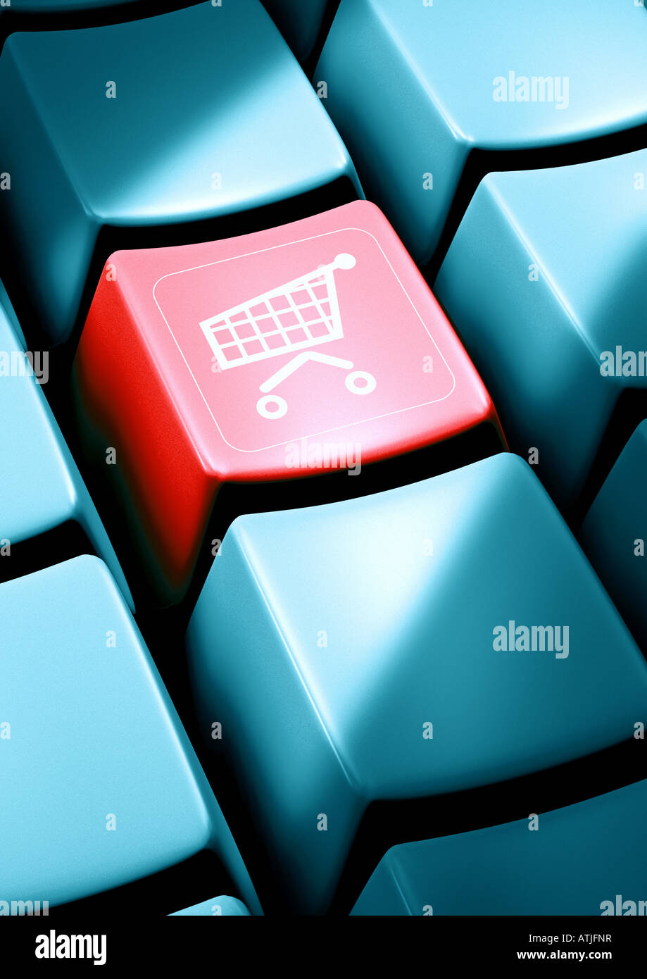 Schlüssel mit einer Tastatur Geschmack Mit Einkaufswagen Stockfoto