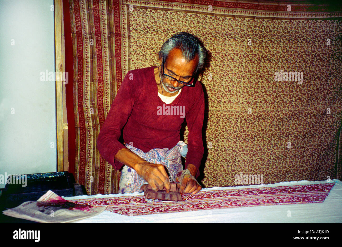 Jaipur Indien Block Drucken auf Stoff Stockfoto