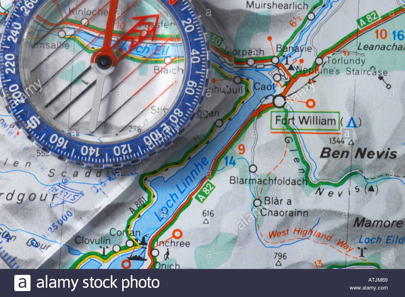 Karte von Ben Nevis und Kompass Stockfoto