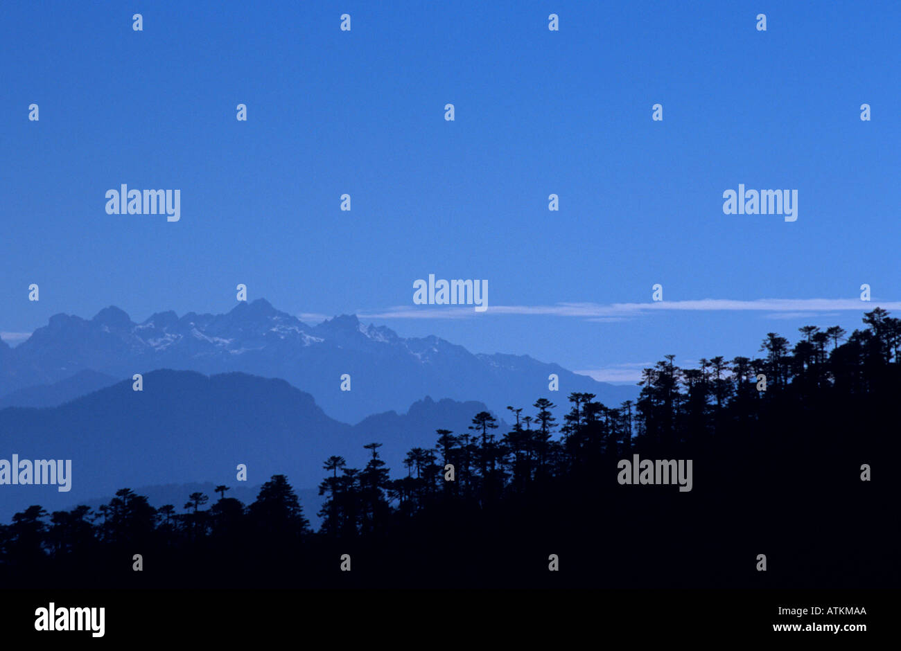 Malerischer Blick auf Wald und Berge Silhouette, Bhutan, Südasien Stockfoto