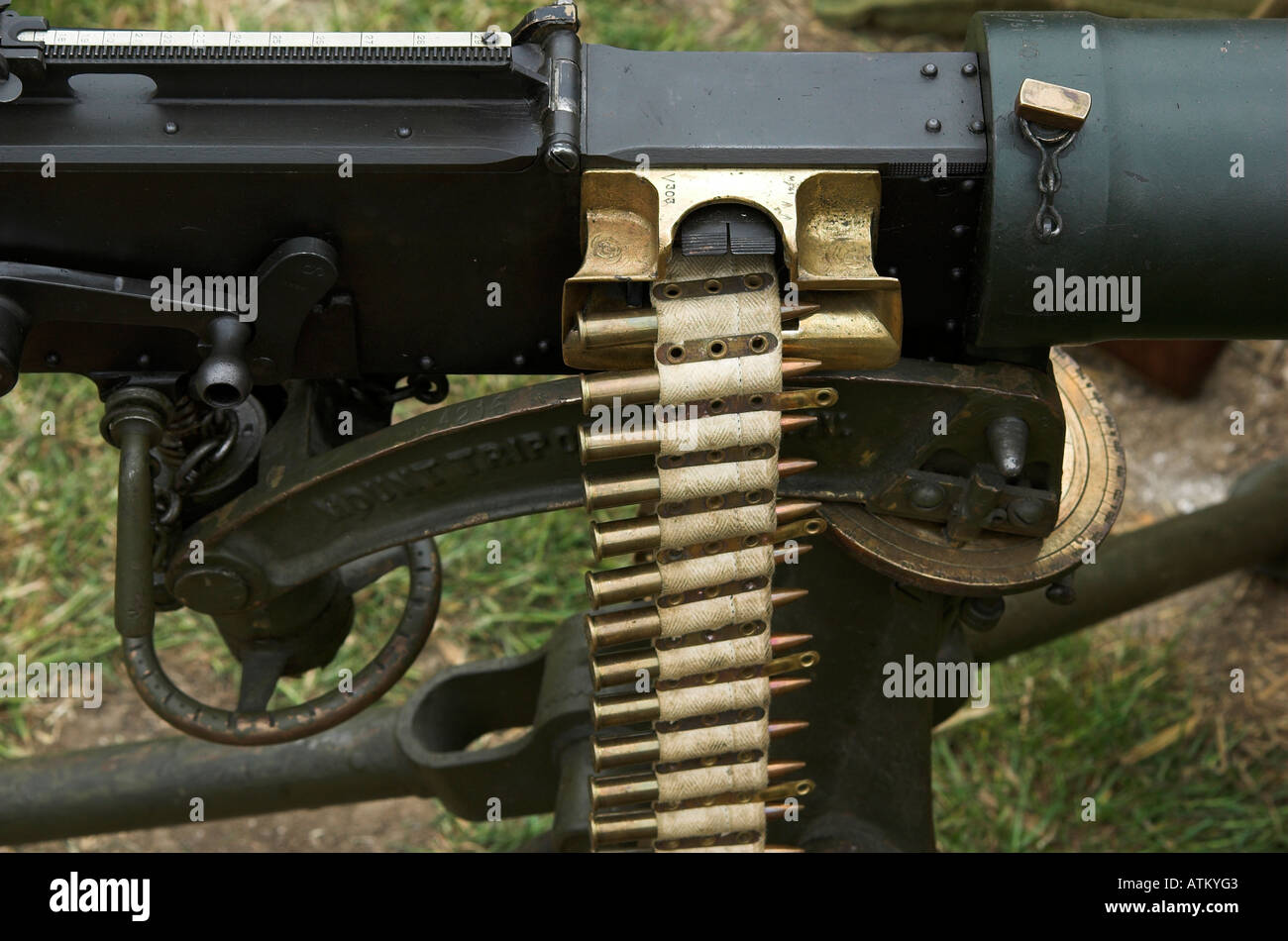 Patronengurt und Verschluss einer Lewis Gewehr Stockfoto