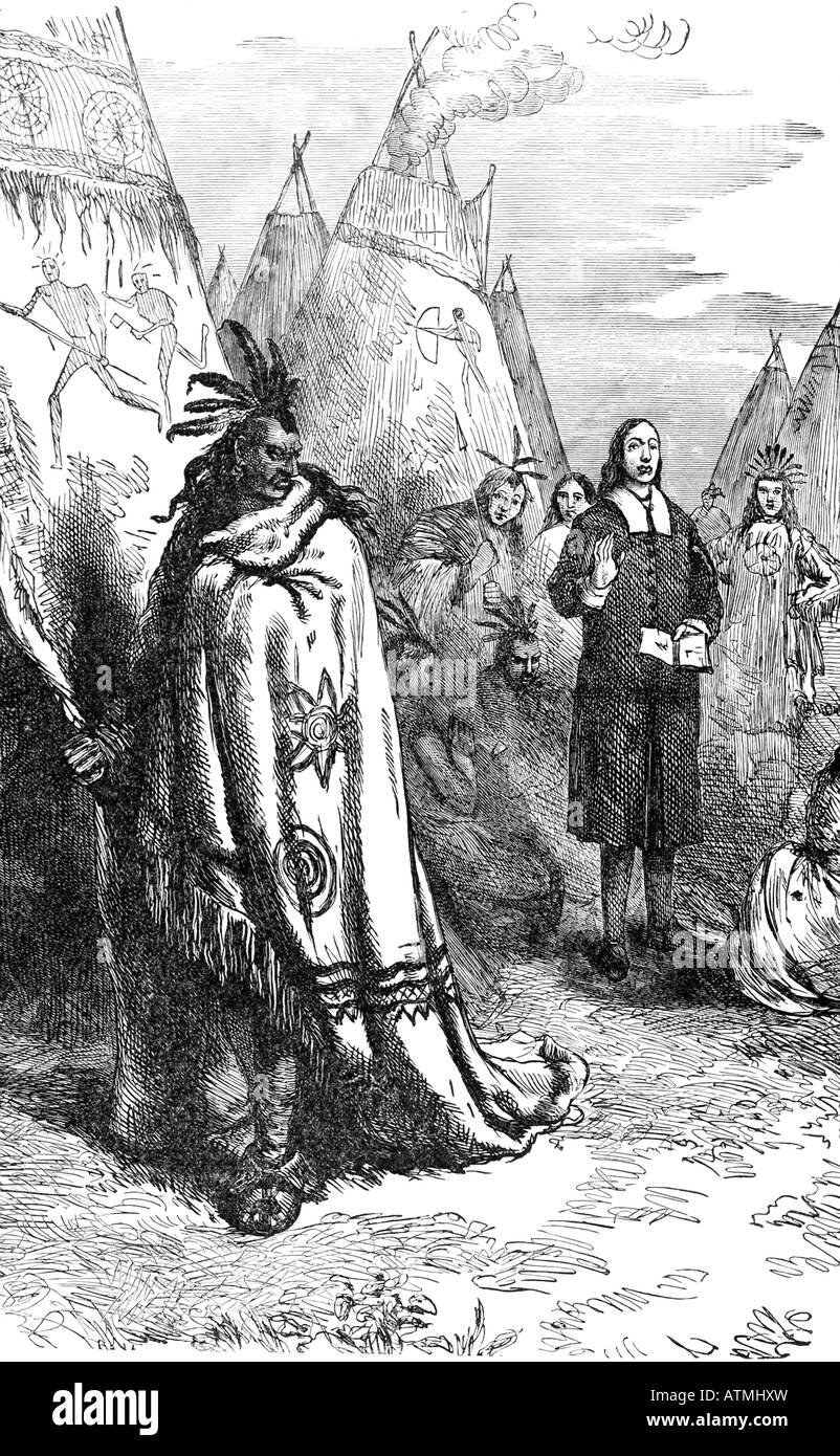 John Eliot Predigt an Indianer Stockfoto
