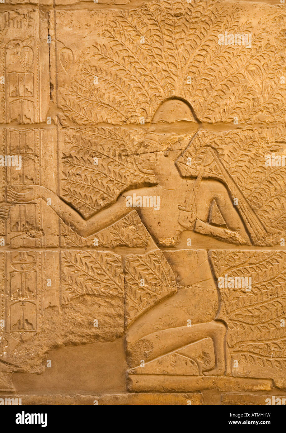 Relief Schnitzen in großen Säulenhalle an der Tempel des Amun Karnak UNESCO World Heritage Site in Nordafrika Luxor Ägypten Stockfoto