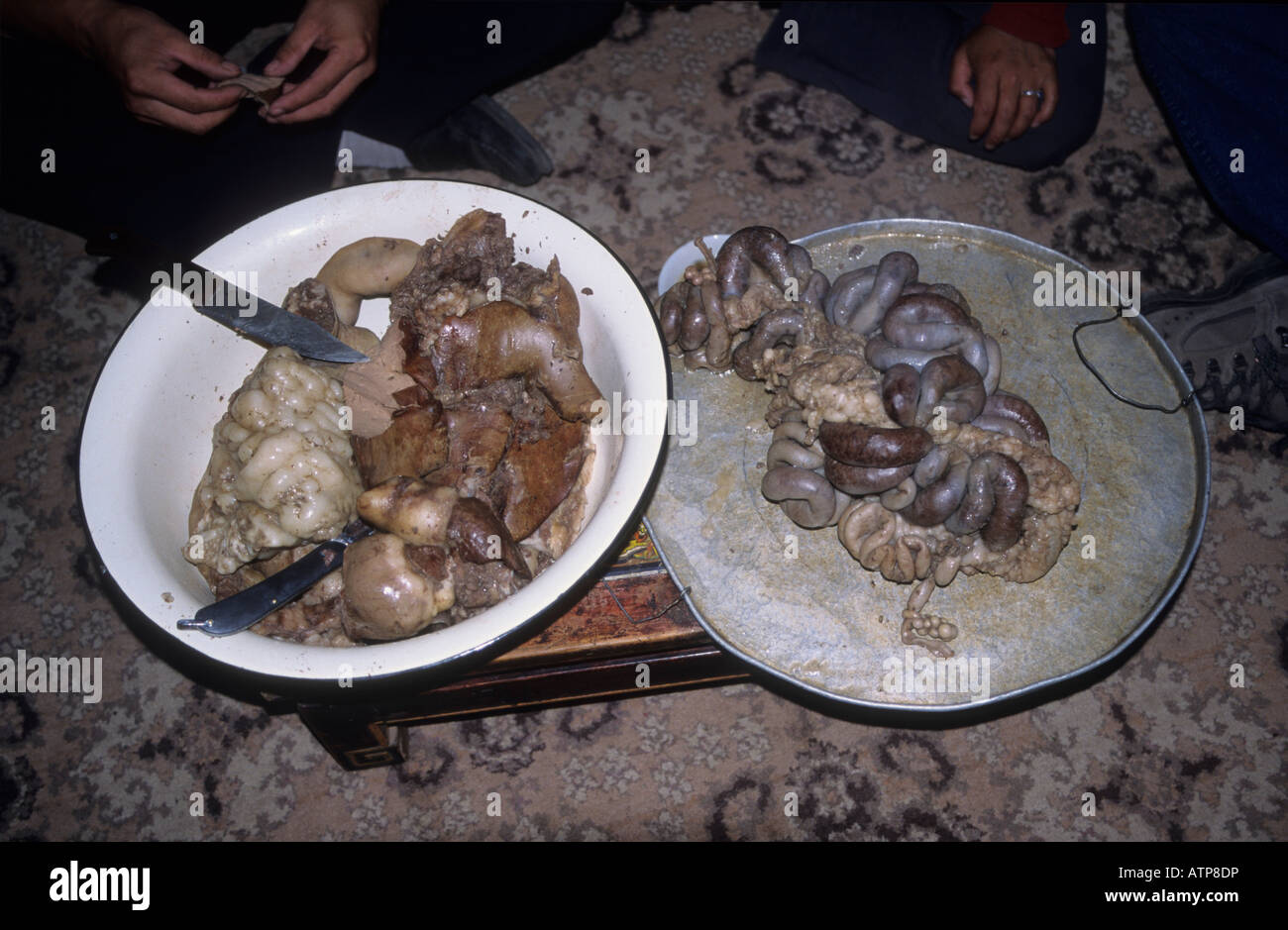Schalen von Schafen Därme und Innereien serviert mittags zwischen Uliassutai und Altai Zavkhan Mongolei Stockfoto