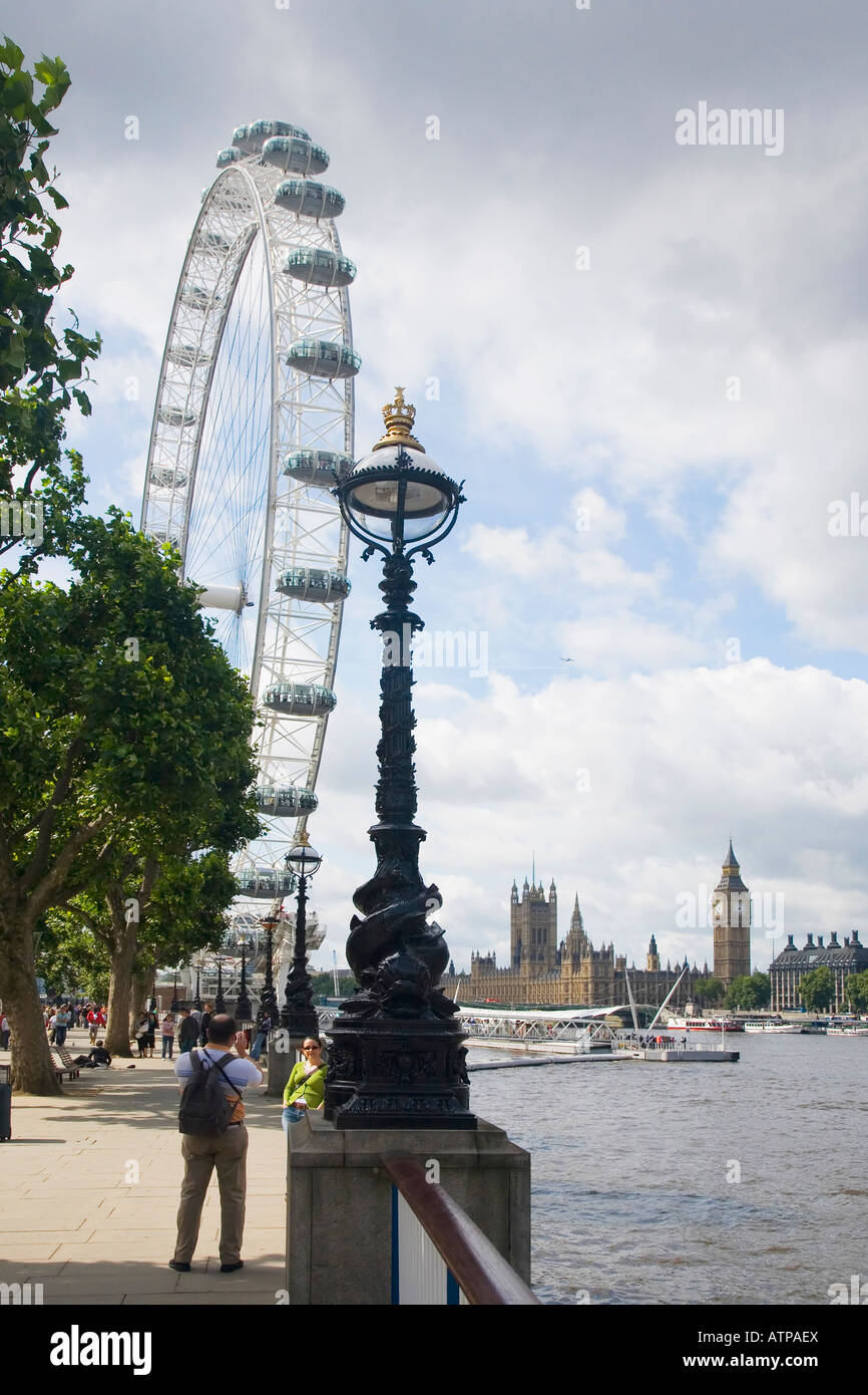 London Eye River Thames Big Ben und die Houses of Parlament Westminster aus dem Süden bank London England Vereinigtes Königreich UK Stockfoto