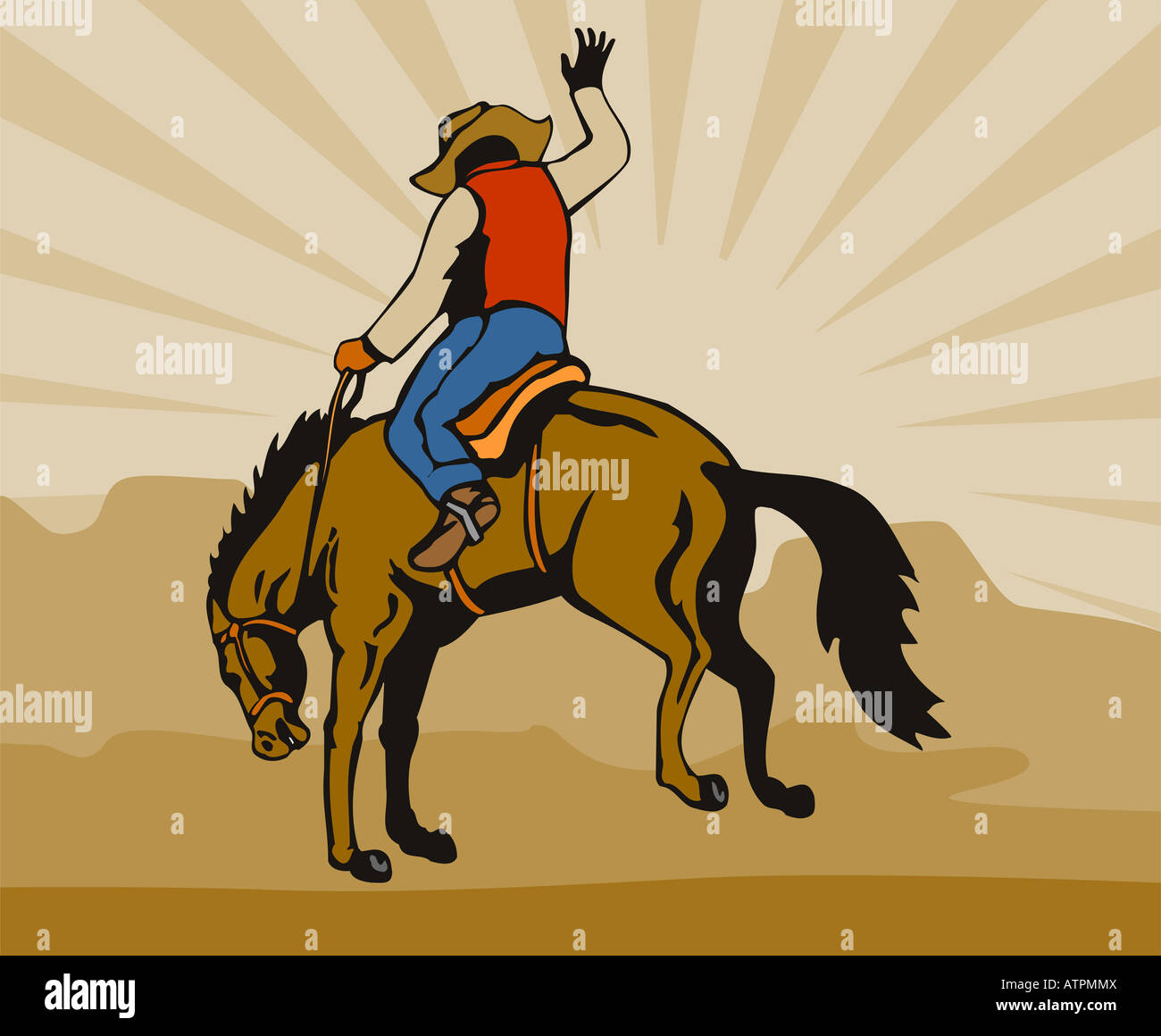 Rodeo Cowboy Reiten ein bucking bronco Stockfoto