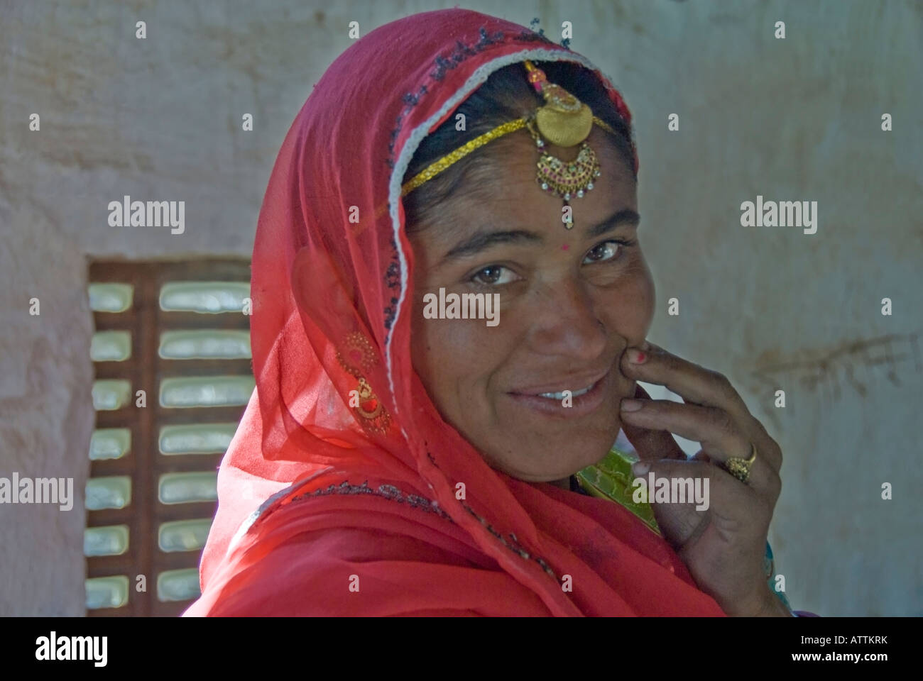 Schöne junge Indianerin geschmückt mit Schmuck und trägt einen Sari Stockfoto