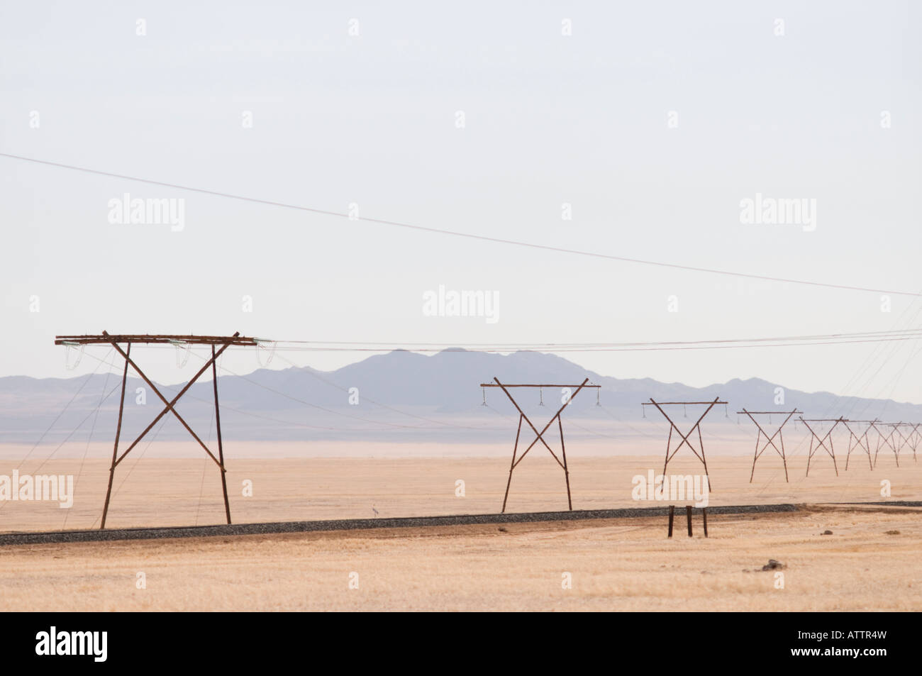 Stromleitungen durch die Namib-Wüste Namibia Stockfoto