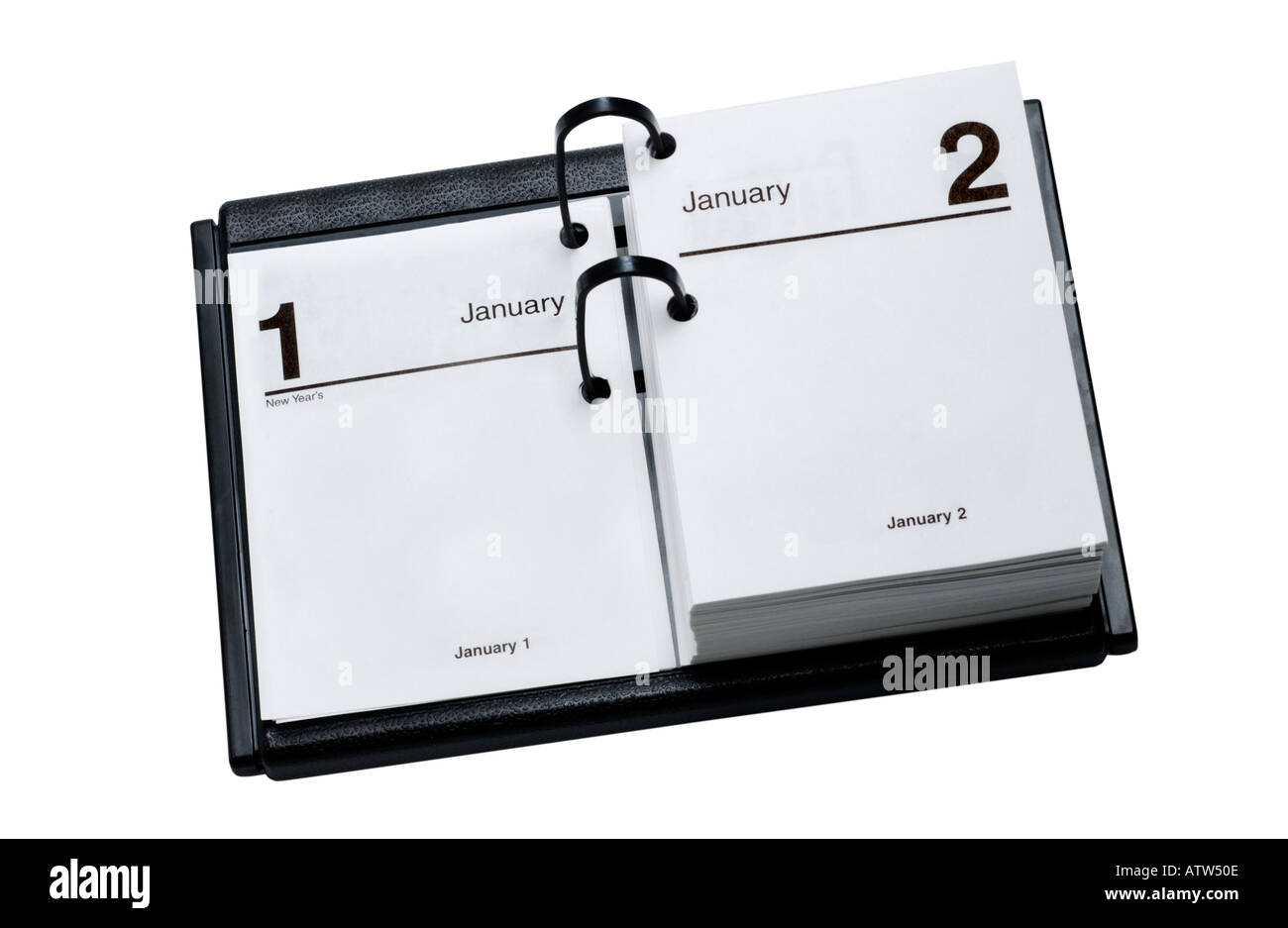 Leerer Schreibtisch Kalender öffnen bis 1. Januar Neujahrstag Stockfoto