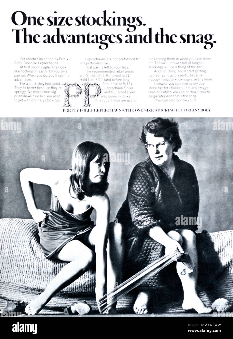 1960er Jahre Nova Magazin Oktober 1968 Werbung für Pretty Polly Kobolde Einheitsgröße Strümpfe für redaktionelle Verwendung nur Stockfoto
