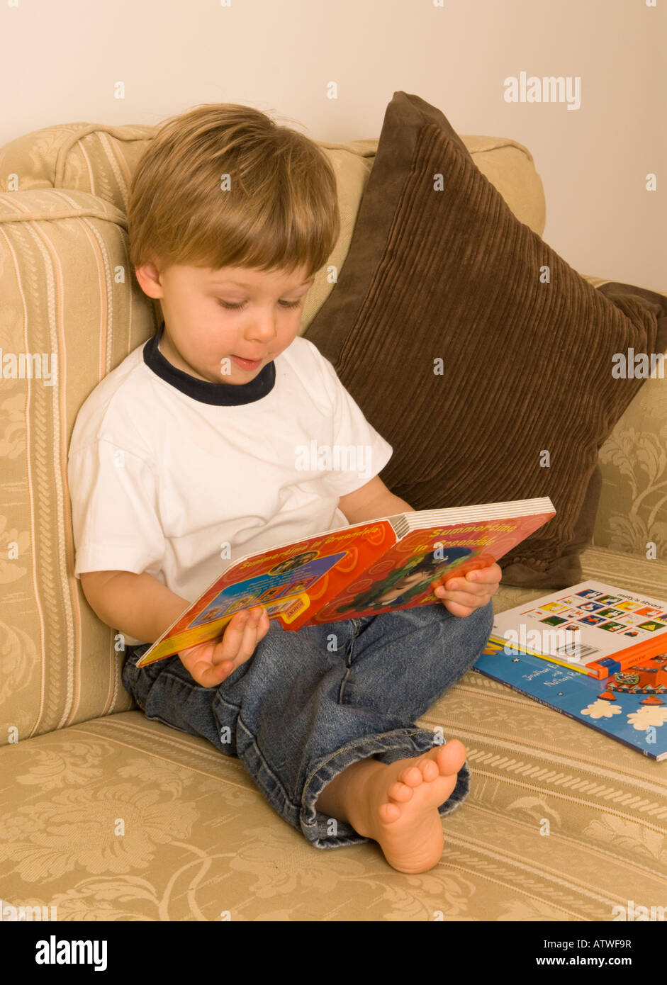 zwei Jahre alte Junge liest ein Bilderbuch Stockfoto