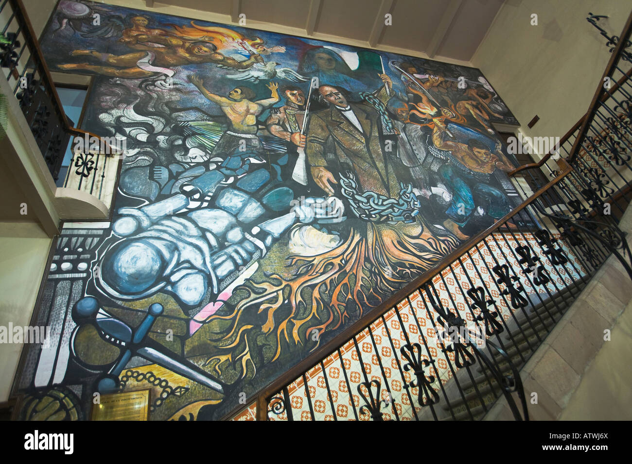 Mexiko Dolores Hidalgo Wandgemälde des mexikanischen historische Momente auf Treppe-Wand im Regierungsgebäude Stockfoto